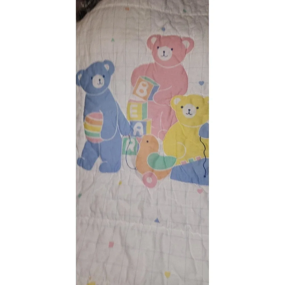 Vintage Pastel Teddy Bear Duck Baby Comforter Blanket 80s Amsinck Rare Cottageco